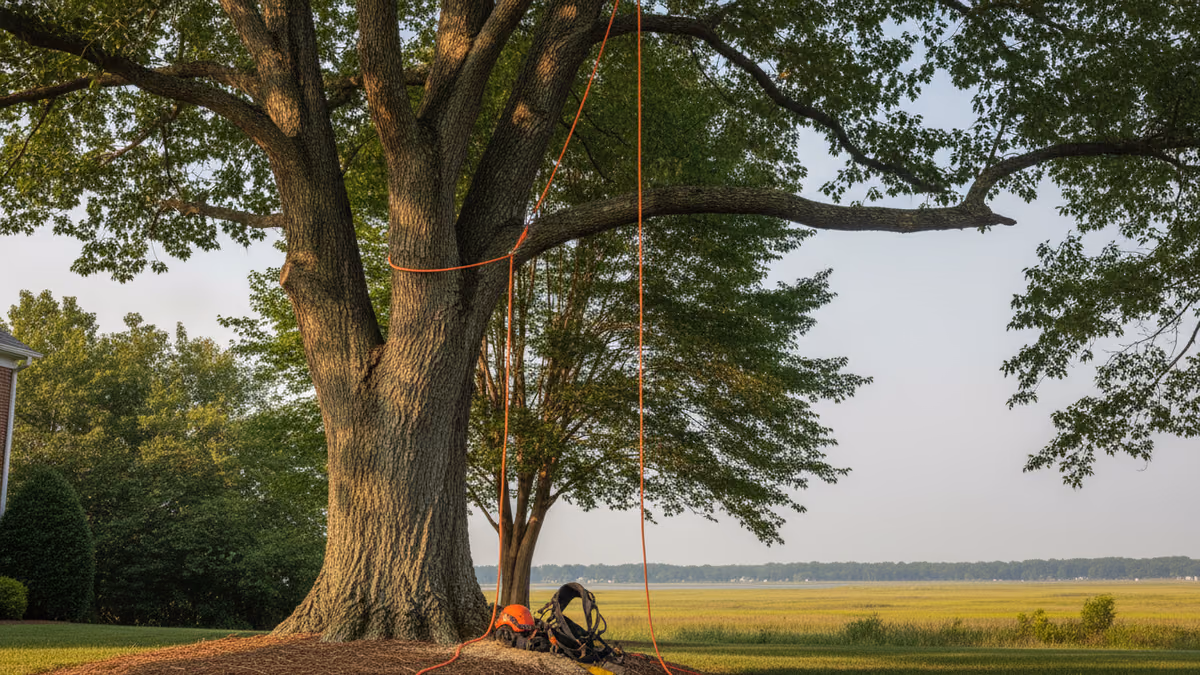 Orange rigging line running up through a mature oak canopy in warm light