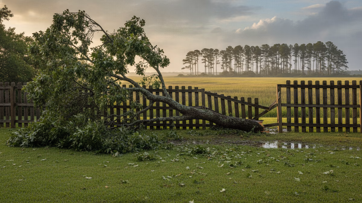 Large oak limb resting across a wooden backyard fence after a storm, sky clearing
