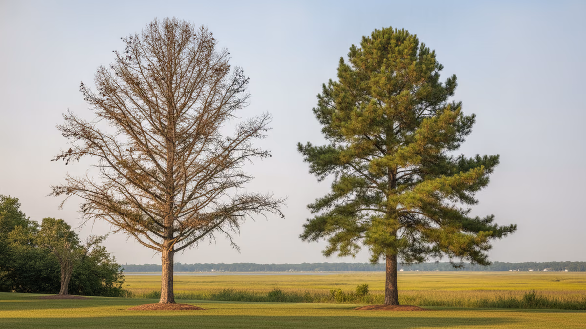 A browning, thinning loblolly pine standing beside a healthy green one in soft light