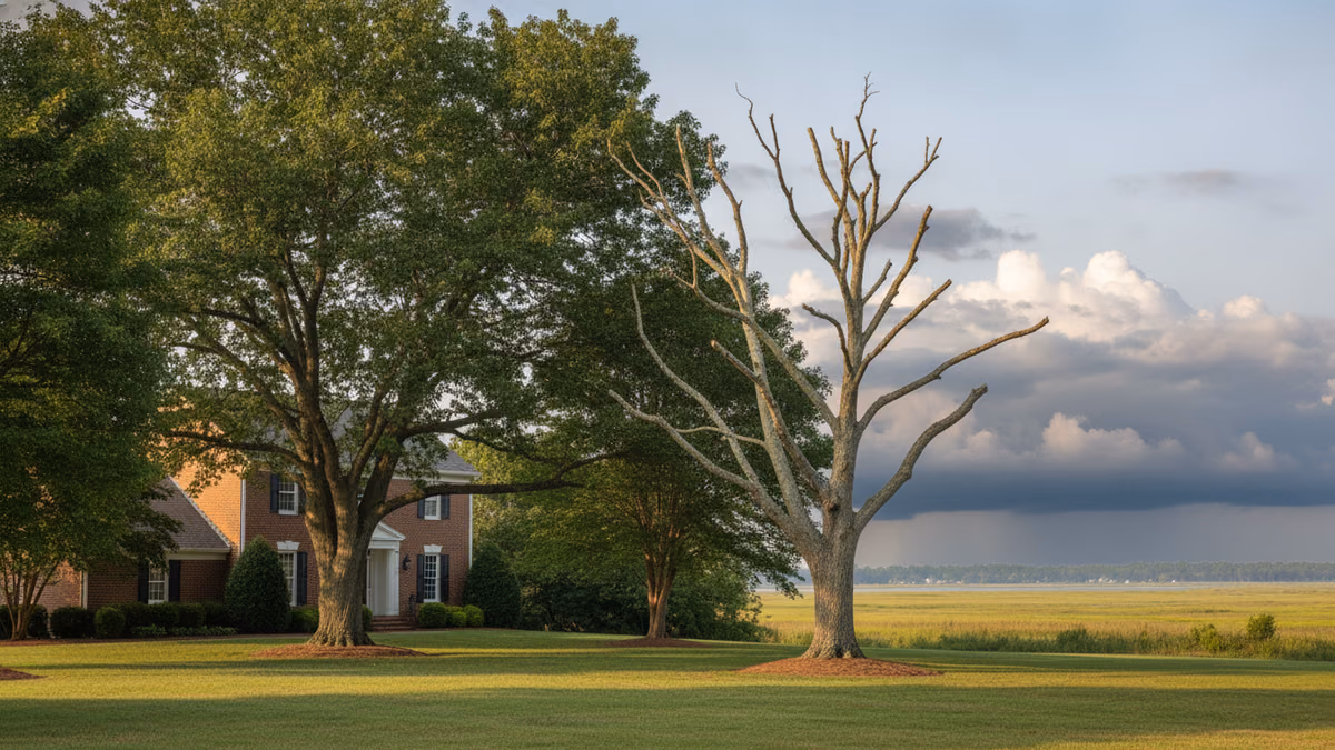 Live oak with a cleanly thinned canopy over a coastal Virginia home under a gathering summer sky
