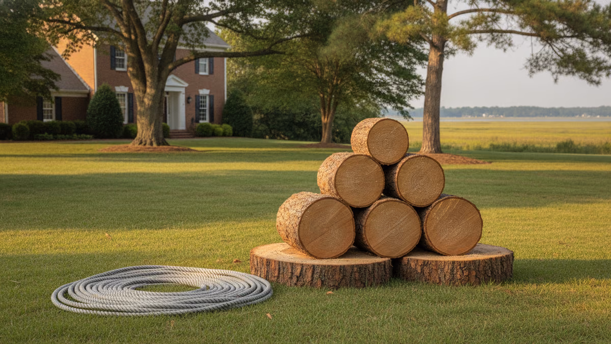 Stacked cut pine rounds and a coiled rigging rope staged on a lawn