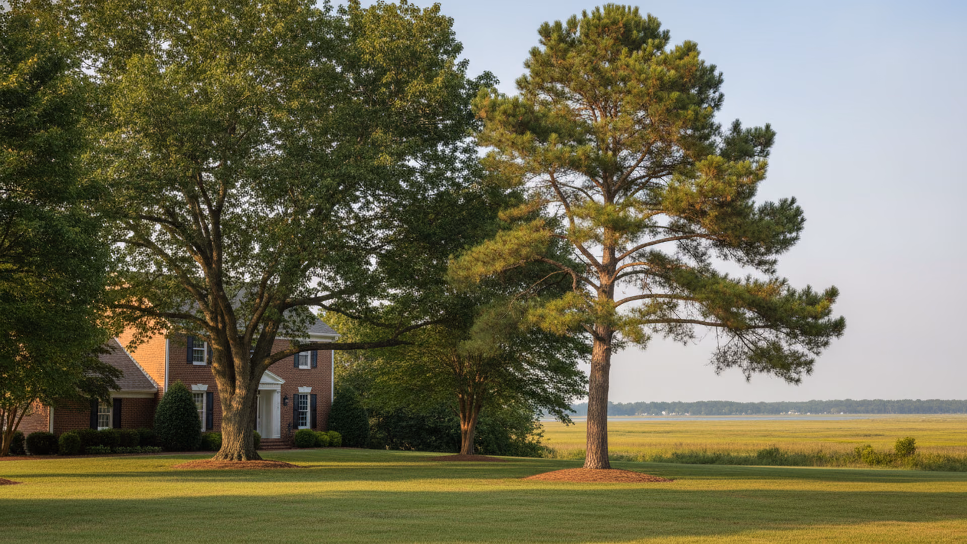 Well-kept Yorktown-area yard beneath a tall, cleanly pruned loblolly pine and spreading oak