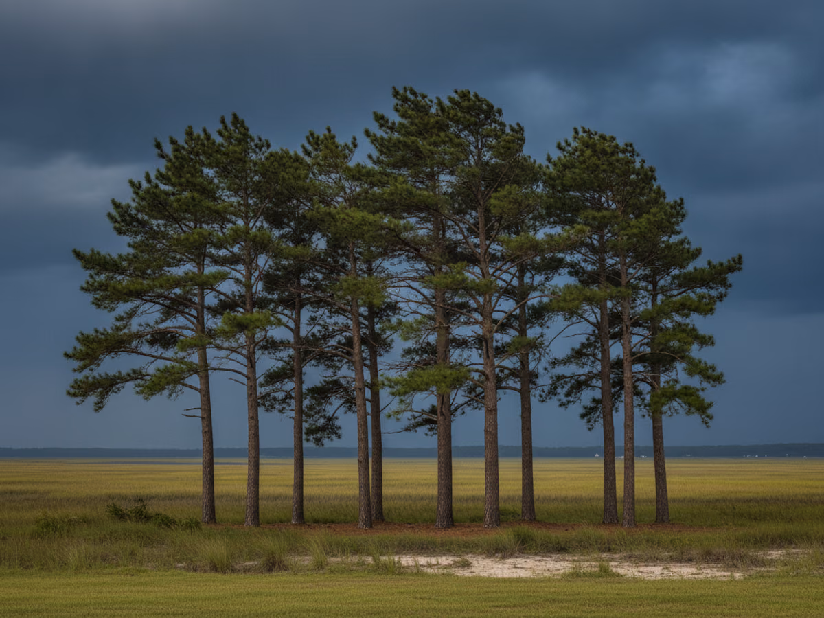 Wind-bent pines against a dark storm sky over a coastal marsh