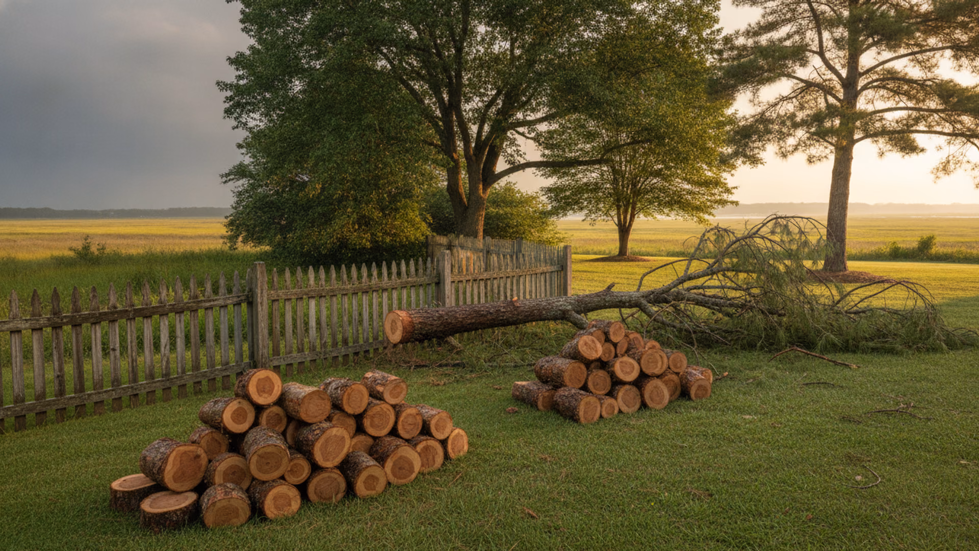 Large fallen pine limb bucked into clean rounds and stacked beside an unharmed fence as storm clouds clear