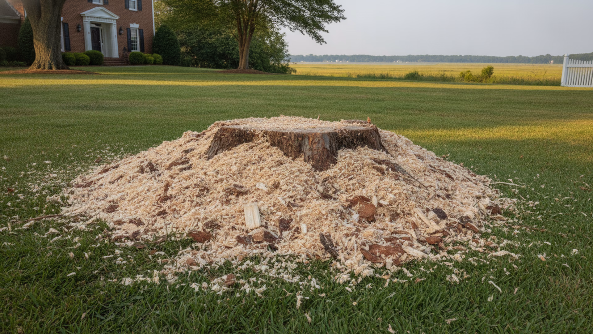 Fresh mound of pale stump grindings filling a neat below-grade hollow in a green lawn