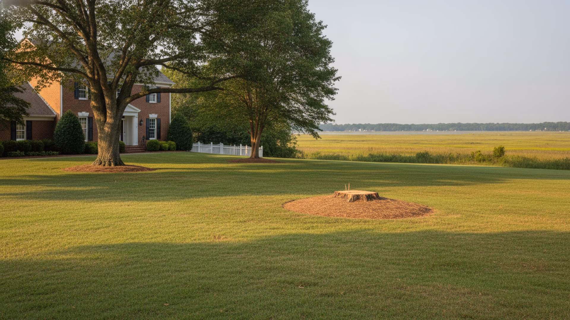 Fresh ground-flush stump and tidy wood-chip ring where a large pine was removed beside an undamaged Yorktown-area home